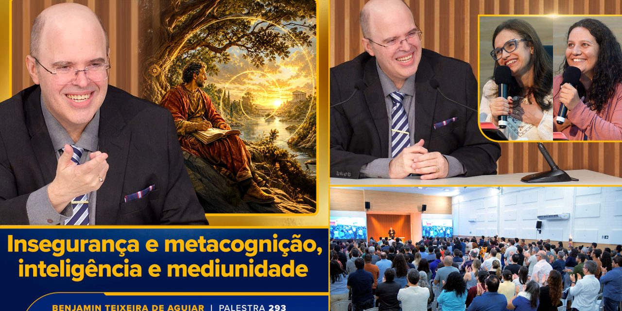 O orientador espiritual Benjamin Teixeira de Aguiar canaliza ao vivo, em palestra pública, mensagens dos espíritos para duas integrantes da plateia