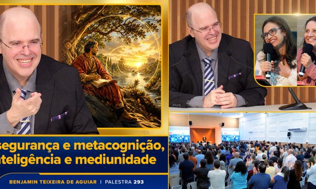 O orientador espiritual Benjamin Teixeira de Aguiar canaliza ao vivo, em palestra pública, mensagens dos espíritos para duas integrantes da plateia