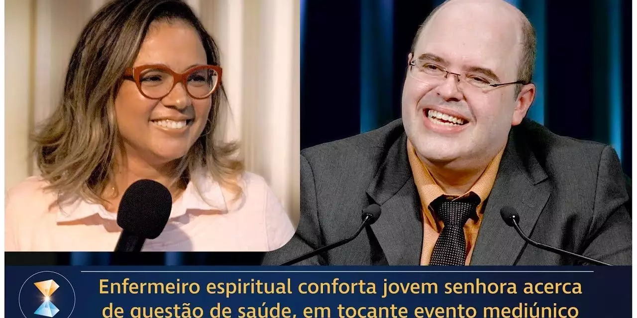 Enfermeiro espiritual conforta jovem senhora acerca de questão de saúde, em tocante evento mediúnico